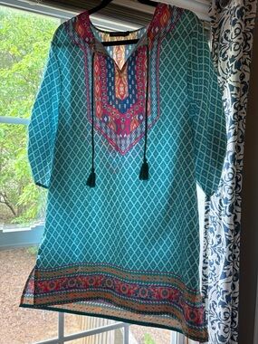 Boho Turquoise Patterned Tunic Dress with Embroidered Yoke